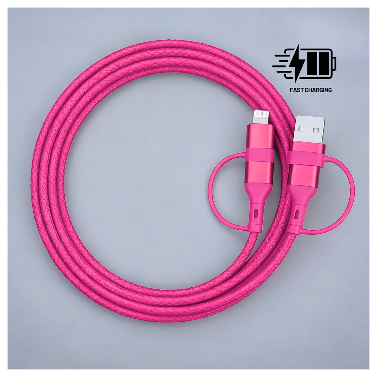 Kiertynyt vaaleanpunainen Opti Color -lataus- ja tiedonsiirtokaapeli, 60 W, Lightning- ja USB-A-liittimillä sekä pikalatauskuvakkeella.