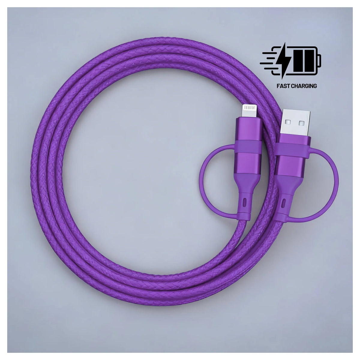 Kiertynyt violetti Opti Color -lataus- ja tiedonsiirtokaapeli, 60 W, jossa on USB-A- ja Lightning-liittimet sekä pikalataus-kuvake.