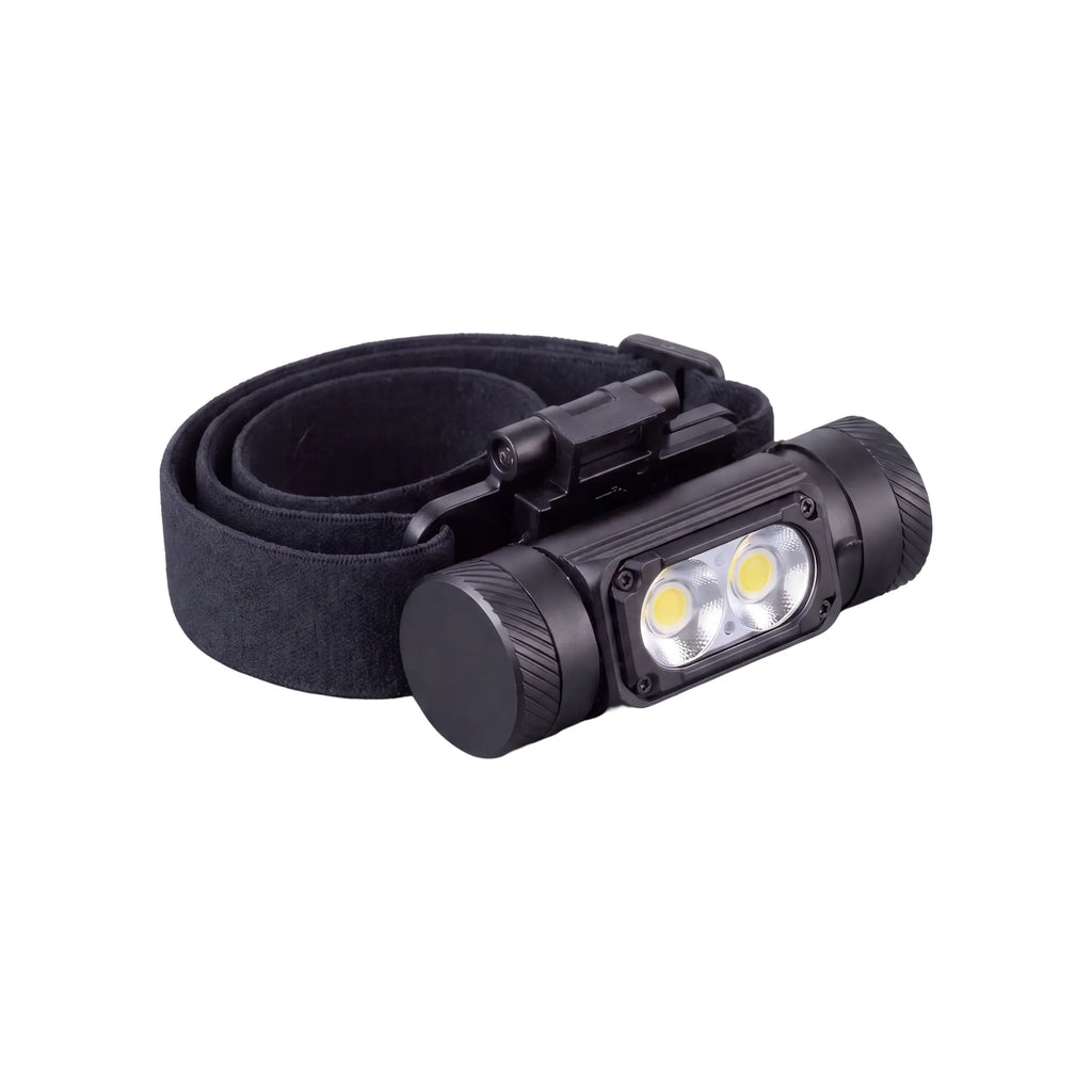 Musta Optima-otsalamppu, 800 lumenin LED-otsalamppu, jossa on kaksi kirkasta pyöreää valoa ja säädettävä joustava pääpanta.