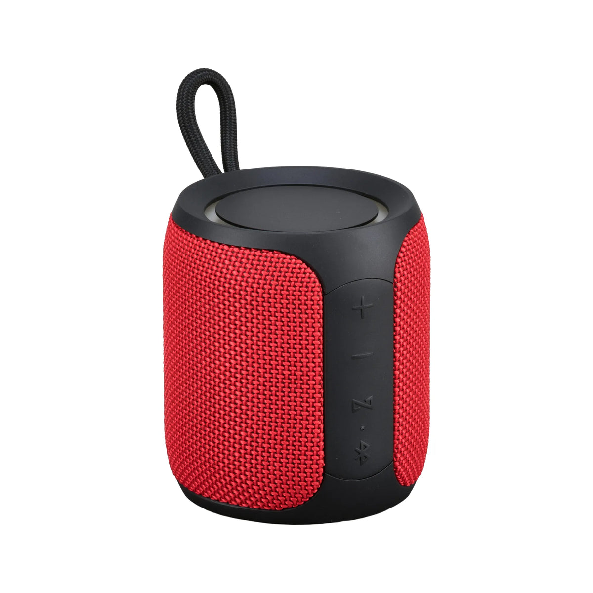 Sylinterimäinen punainen Expedition-Bluetooth-kaiutin, jossa on musta kantohihna ja sivulle sijoitettuja toistotoimintojen painikkeita.
