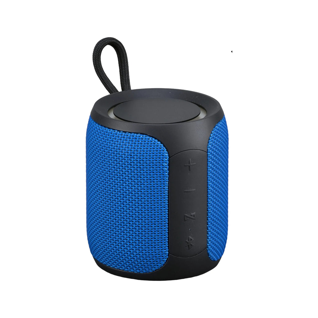 Sylinterimäinen sininen Expediton-Bluetooth-kaiutin, jossa on musta ohjauspaneeli ja kantohihna.