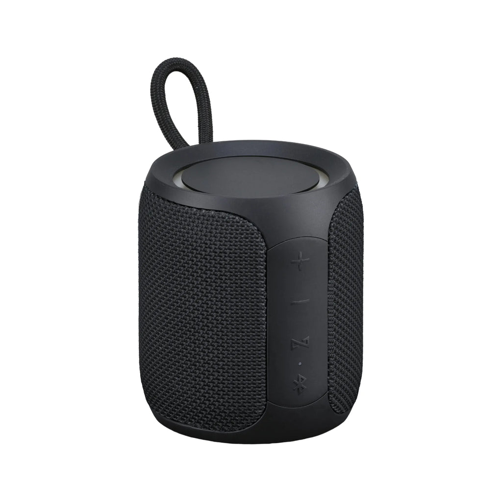 Sylinterimäinen musta Expediton-Bluetooth-kaiutin, jossa on kantokahva ja toiston ohjauspainikkeet sivussa.