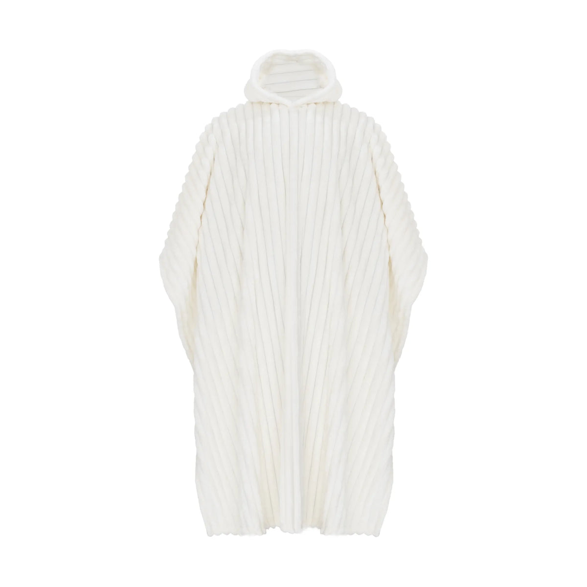 Valkoinen poncho Mukava hupullinen poncho, jossa on pystysuuntaisesti uurrettu pinta.