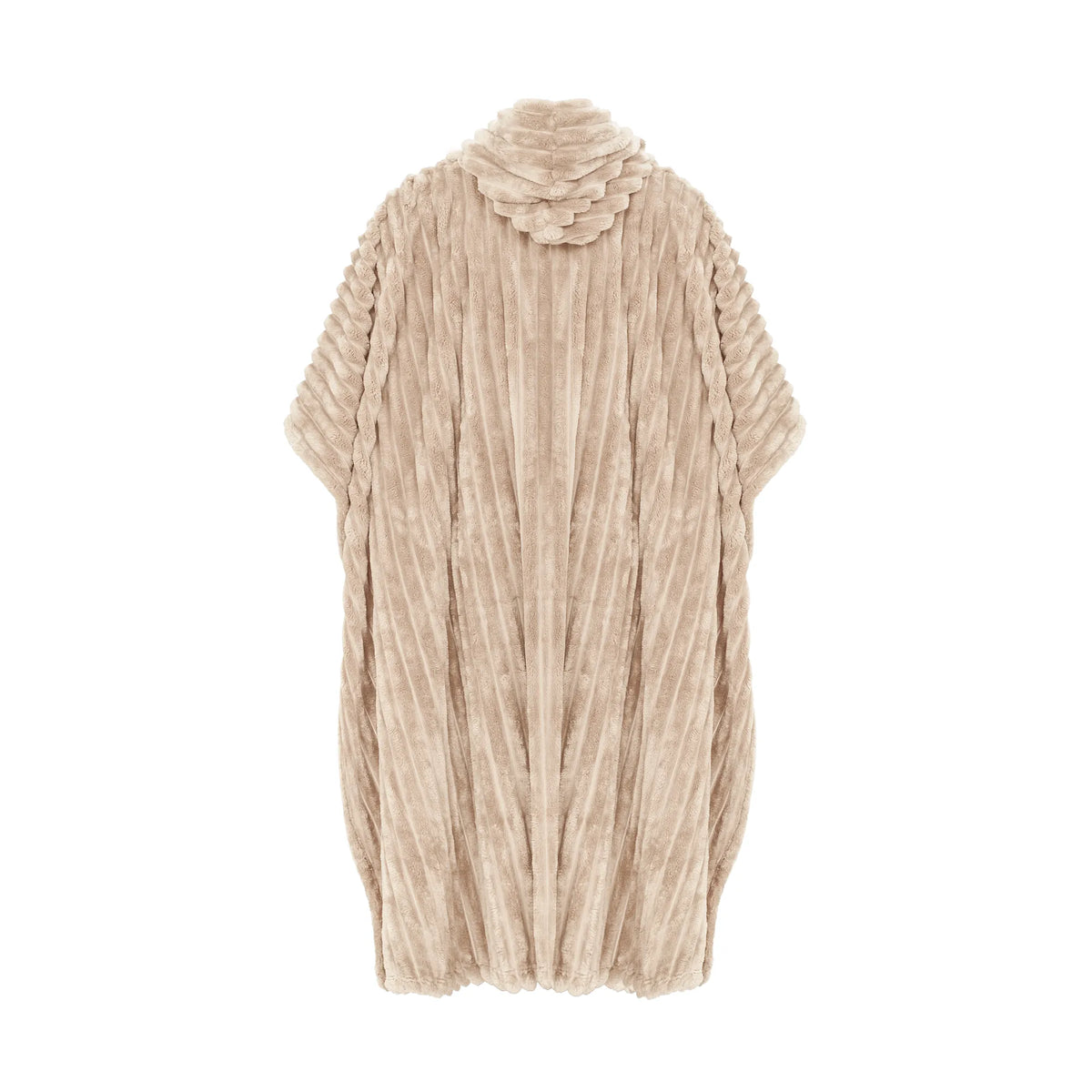Seripoint Oy:n beige Poncho Cozy -takki takaa katsottuna; siinä on pystysuuntaisesti uurrettu rakenne ja huppu.