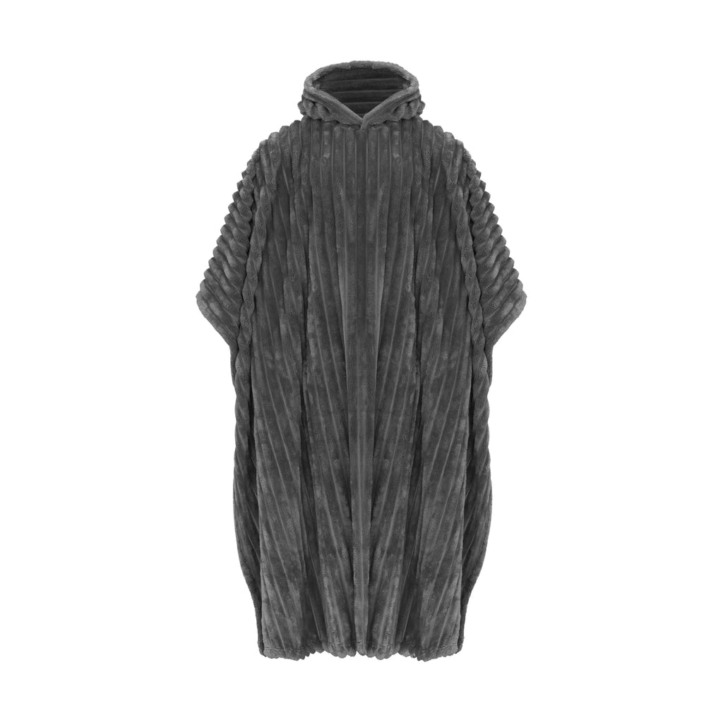 Harmaa, uurrettu ja kuvioitu Poncho Cozy -huppuponcho.