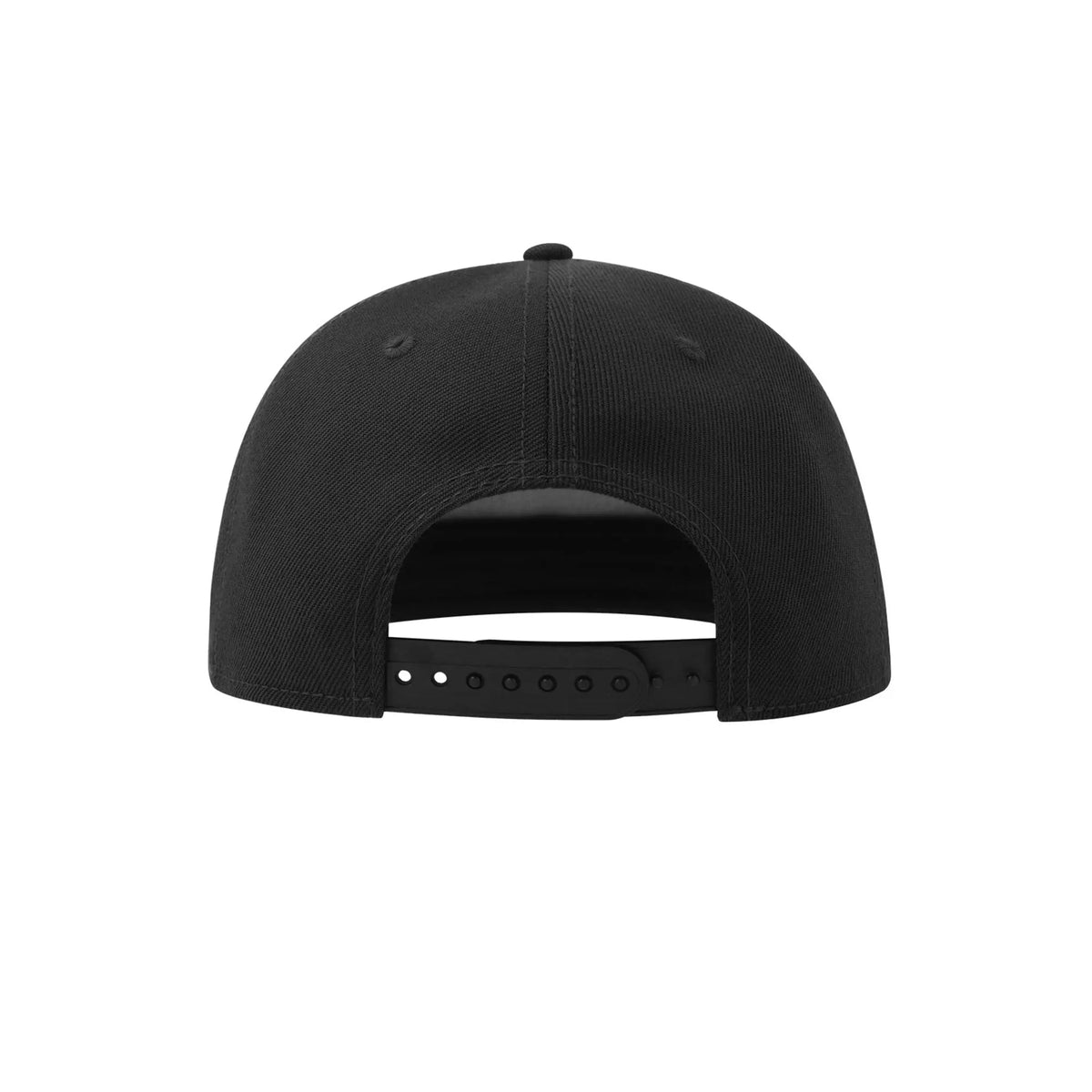 Musta Snap Five-S -lippis -katumuotimallinen snapback-lippis, jossa on säädettävä muovinen kiristysnauha, takaa katsottuna.