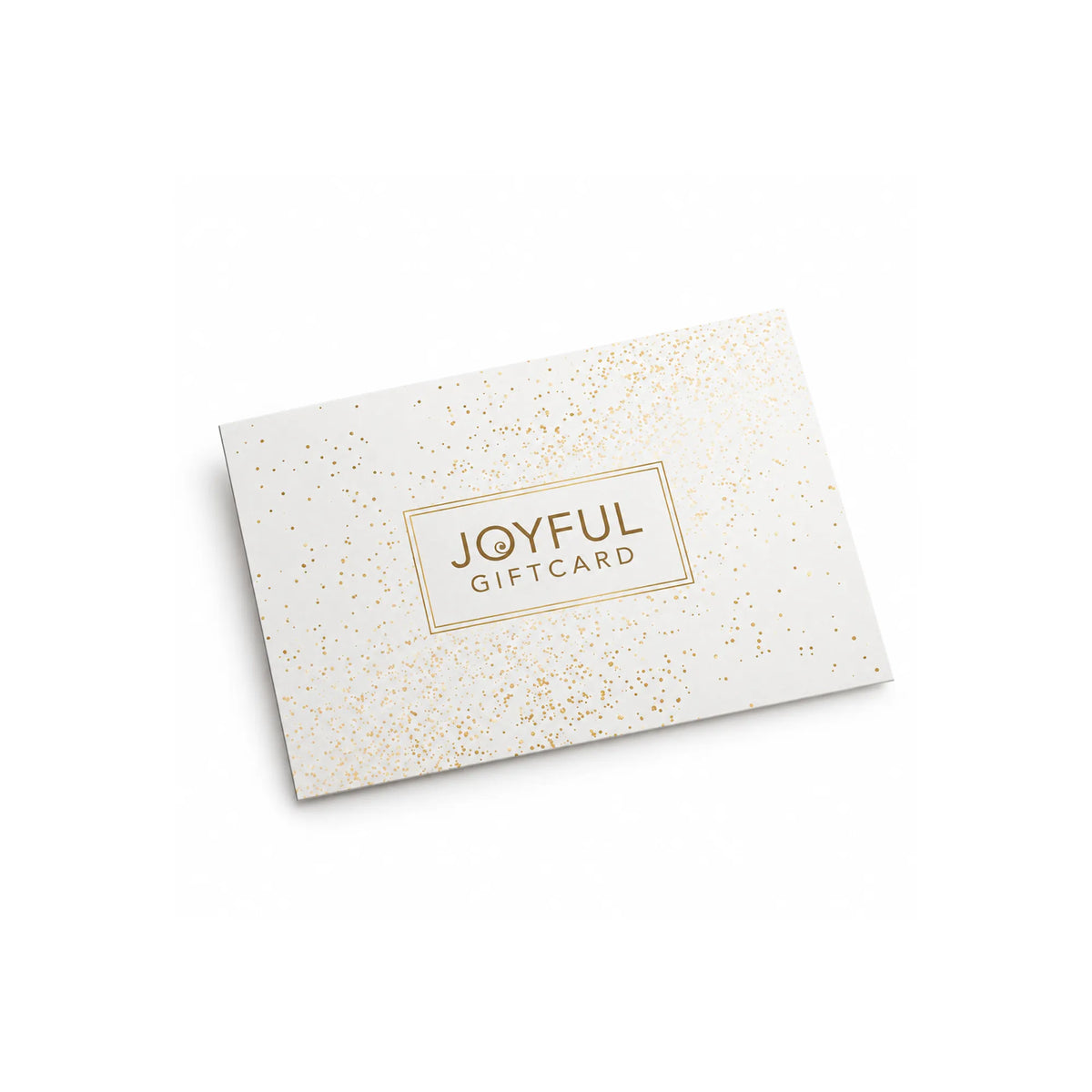 Valkoinen Joyful-lahjakortti, jossa on kultainen konfettikuvio ja keskellä suorakulmainen kehys, jossa lukee JOYFUL GIFT CARD.