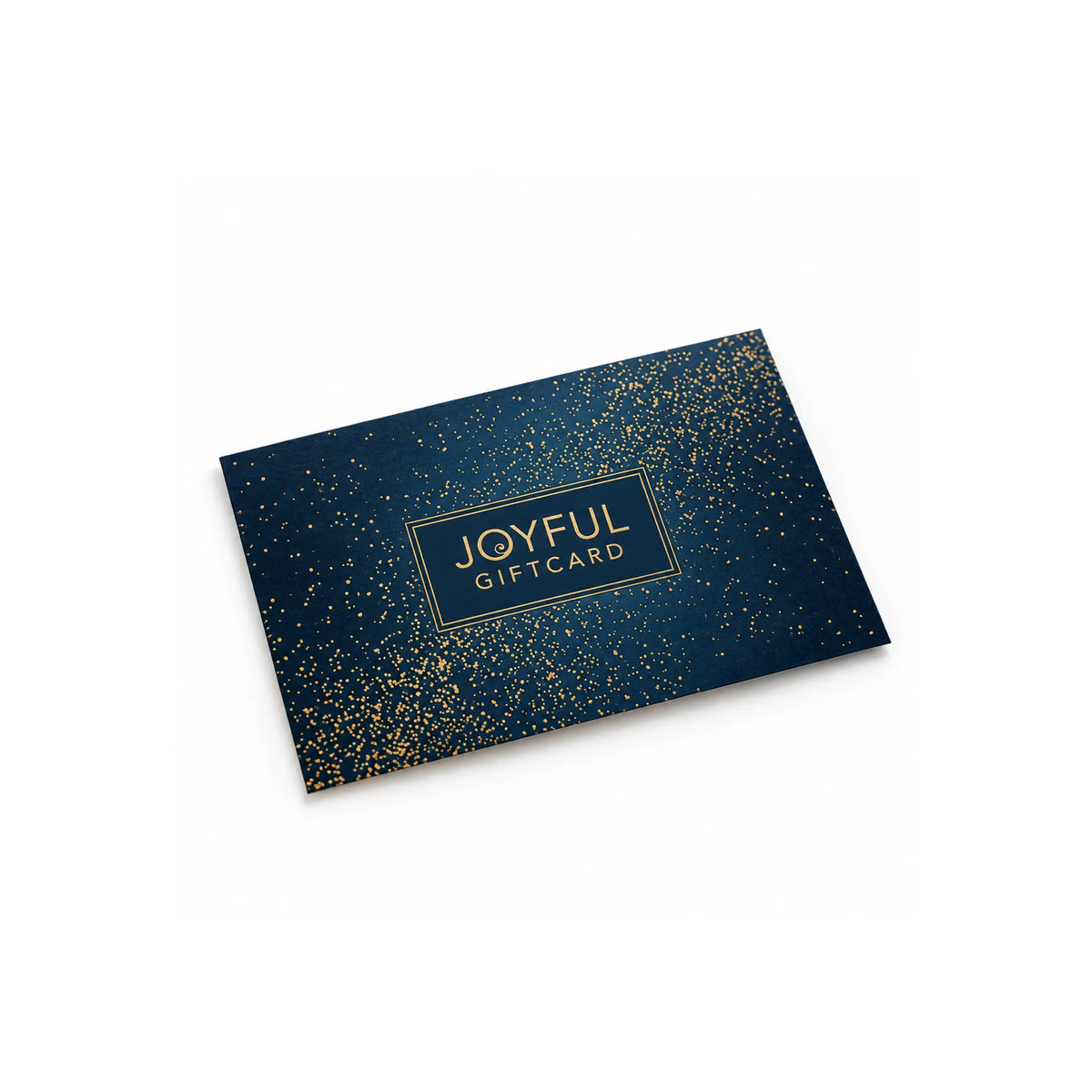 Tummansininen, suorakulmainen Joyful-lahjakortti, jossa on kultaisia kimallusyksityiskohtia ja teksti JOYFUL GIFTCARD kultaisen kehyksen sisällä.
